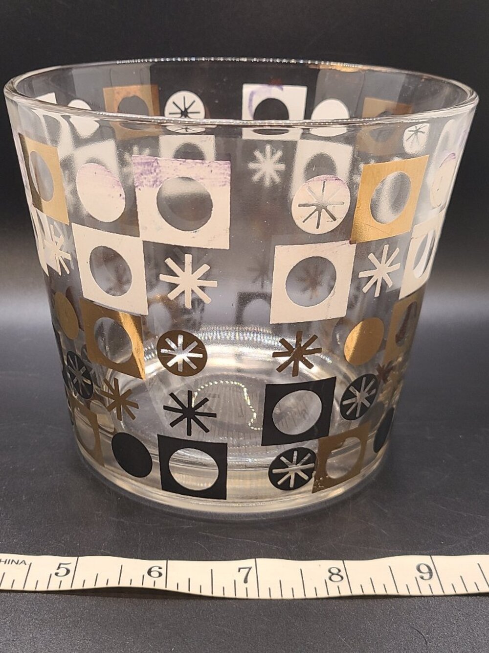 Vintage Hazel Atlas Glass Ice Bucket MCM Gold Black Geometric Pattern